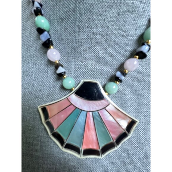 Vintage LEE SANDS Abalone Shell Inlay Fan Shape Statement Necklace Rose Quartz J - Picture 1 of 6
